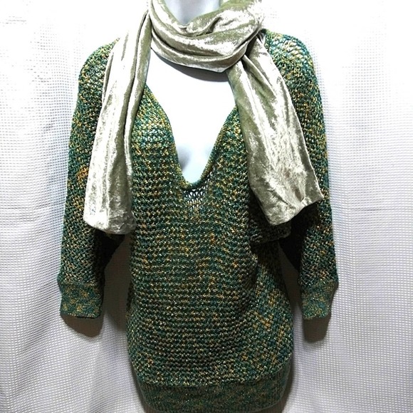 Shining Bright SWEATER Teal Tan Gold Silver Metallic Threads S/M Handmade - Picture 3 of 7